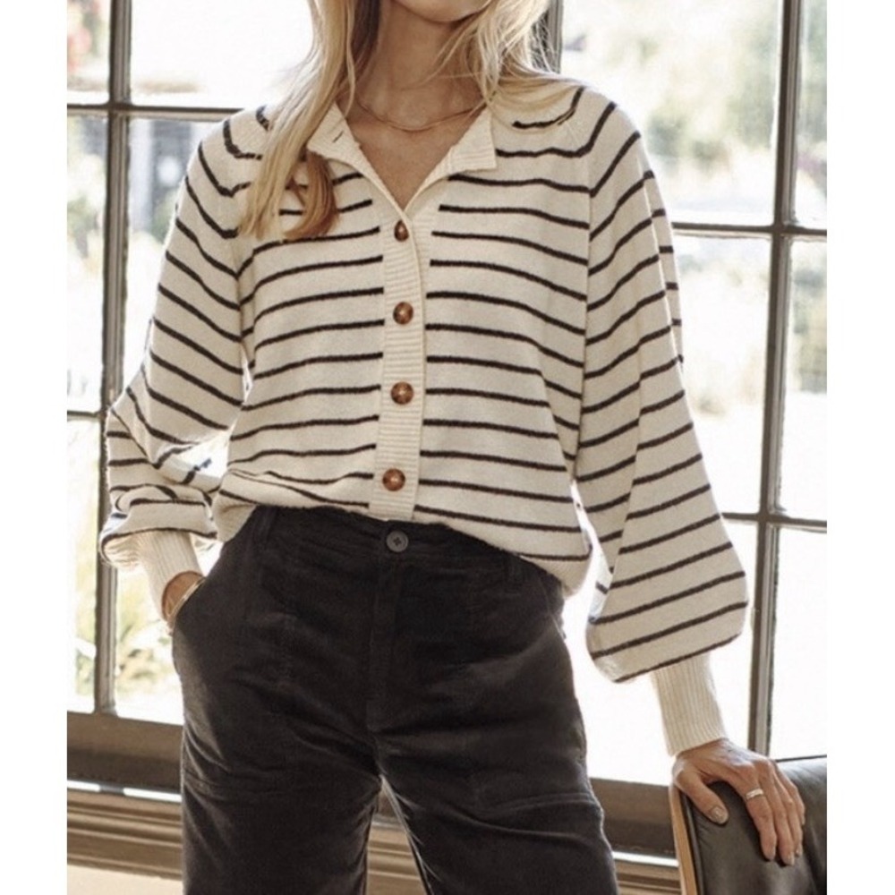 French Connection Evereve Kezia Stripe Cardigan Sweater NWT Size M Classic Cream